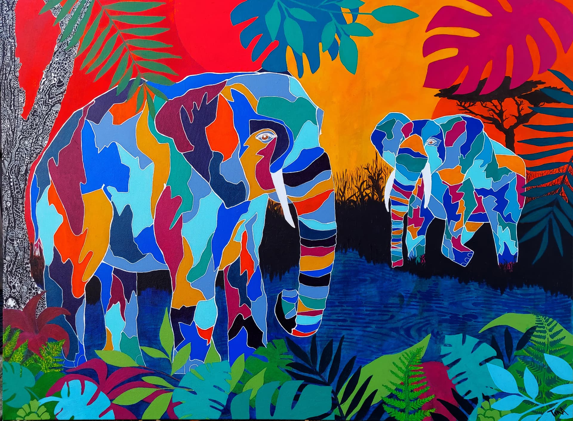 Patchwork Sanctuary by Tina Alberni — two elephants in a vivid jungle landscape