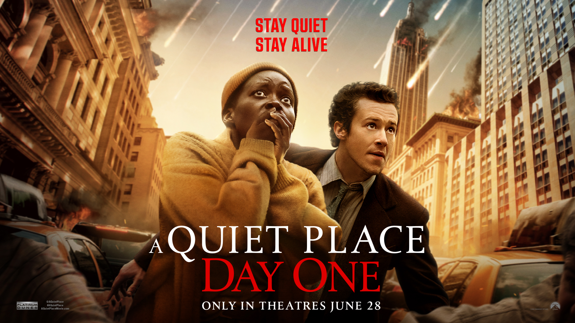 Movie poster of the prequel A Quiet Place: Day One. The newest film in the series, a Quiet Place 2024.