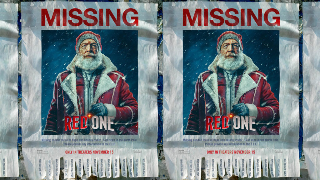 Missing poster of Santa Claus in the new holiday film Red One.