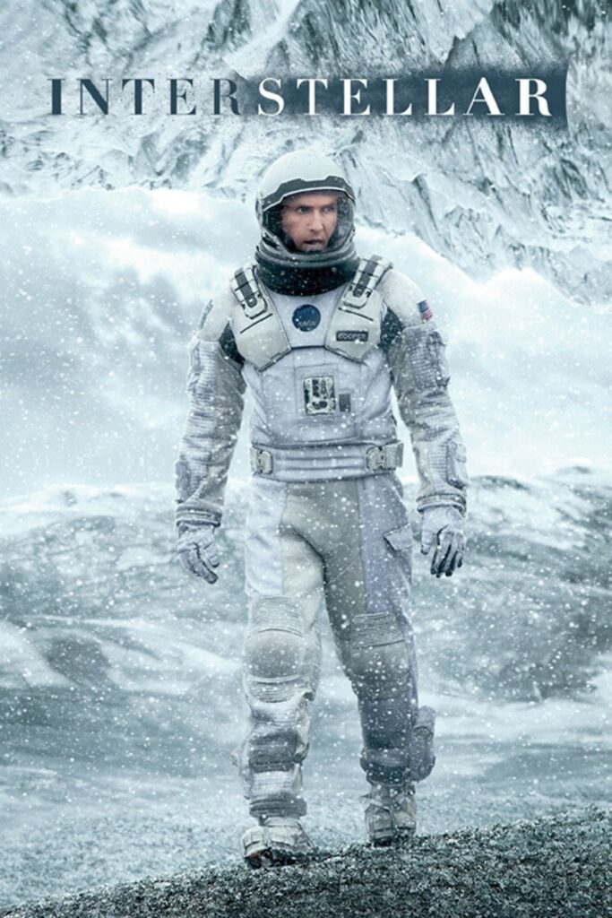 Movie poster of Interstellar film, released in 2014. This movie poster features the main protagonist, NASA pilot Joseph Cooper, played by Matthew McConaughey, of the Interstellar cast. 